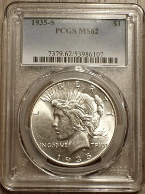 1935-S Peace Silver Dollar, Final Year-San Francisco Issue, Nice Coin, PCGS MS62 - Image 1 of 2