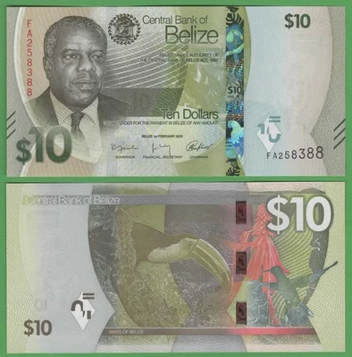 Billete de 10 dólares de Belice UNC 2025 P-75 garza verde Philip Goldson guacamayo tucán Foto 1 de 3