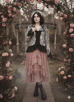 Joseph Ribkoff Black/White Semi Sheer Jacket Ruffle Trim Sz 6 Romantic Victorian - Image 1 of 4