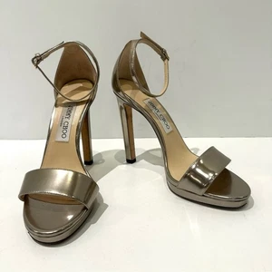 Jimmy Choo Metallic Gunmetal Silver Leather Block Heel Stiletto Pumps 37.5 - Picture 1 of 13