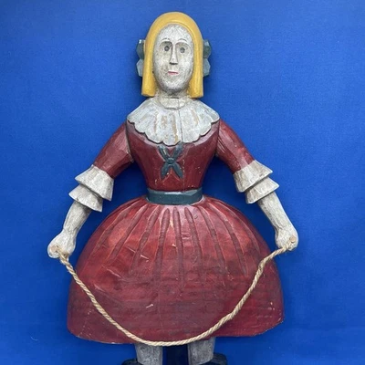 Vintage Folk Art Hand Carved Sculpture Girl With Red Dress Jump Rope 12x8in 2Lbs - Image 1 of 4
