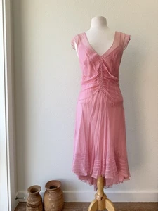 Vintage Max Studio Pink Silk Midi Ruffle Sheer Dress Special Edition Size XL Neu mit Etikett - Bild 1 von 12