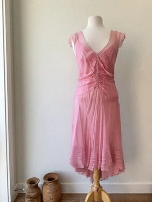 Vintage Max Studio Pink Silk Midi Ruffle Sheer Dress Special Edition Size XL Neu mit Etikett - Bild 1 von 4