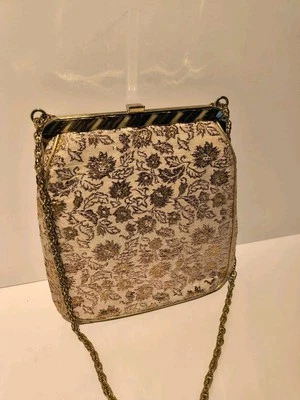 Cartera de noche vintage para damas tapiz floral dorado rosa con correa de cadena Foto 1 de 4