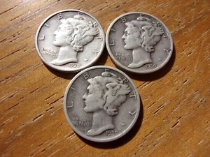 1939-P, D, S, MERCURY DIMES NICE AVG CIRC COND 90% SILVER INVESTMENT SET - Picture 1 of 2