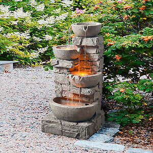 Stacked Stone Tiered Bowl Fountain with LED Light Gray Outdoor Garden Fountains
