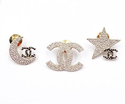 Chanel Raro Oro CC Luna Estrella Negro Cristal 3 Pines Foto 1 de 3