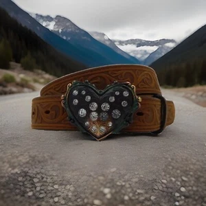 Justin USA Leather Belt  Size 22 Rhinestone Brass Heart Buckle USA NWT - Picture 1 of 8