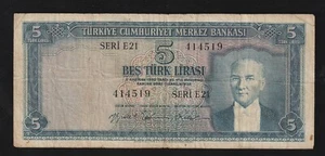 TURKEY 5 LIRASI L.1930 (ND 1959-1968) Prefix E21 *M.Kemal ATATURK * - Picture 1 of 2