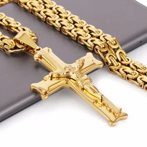 Stainless Steel Christs Jesus Cross Pendant Necklace Byzantine Men's Chain 22" - Imagen 1 de 9