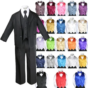 Hermosala Baby Toddler Boys Teens 7pcs BLACK Formal Tie Suit +Vest & Bowtie S-8 - Picture 1 of 24