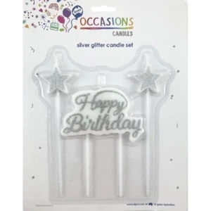 Happy Birthday Silver Glitter Candle Set Cake Topper - Picture 1 of 1