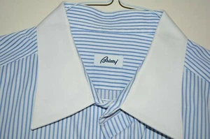 $680 Brioni Cotton Dress Shirt 18 37 Contrast White Blue Striped Italy Slim Fit - Picture 1 of 12