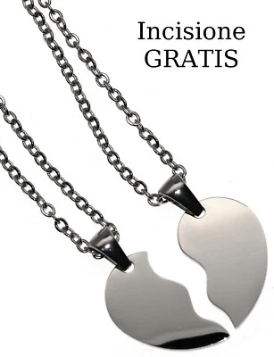 due collane lui lei cuore spezzato 2 girocollo ciondoli incisione gratis acciaio - Immagine 1 di 4