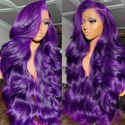 Frontal Lace Wigs Long Wavy Purple Hair Heat Resistant Soft Pre Plucked Hairline - Image 1 of 4
