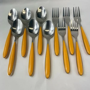 Unbranded 18/10 Stainless Steel Germany Orange Plastic Handle 6 Spoons, 5 Forks - Picture 1 of 7