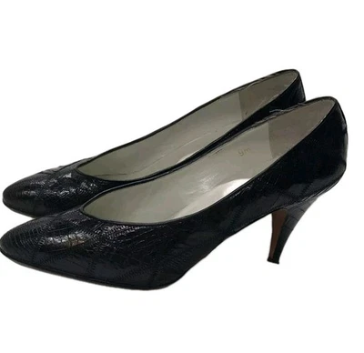 Garolini винтажный женщин Stiletto насосы 9 М итальянский черный нашивка аллигатор 70-х диско  - Изображение 1 из 4