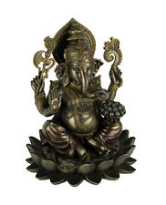 Bronze Finish Ganesha Seated On Lotus Holding Sacred Objects Statue