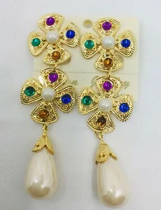 Vintage schöne Ohrringe Kreuz Cabochon bunte Perlen Tropfen goldfarben #D - Bild 1 von 2