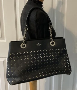 KATE SPADE Black/Gold Leather Double Handle Shoulder Purse/Handbag Large Tote - Picture 1 of 10
