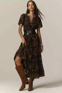 Anthropologie The Somerset Velvet Edition Maxi Dress Tiered XS Nwt Black Brown - Picture 1 of 9