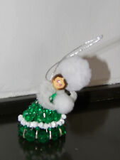 Beaded Safety Pin Lady Christmas Ornament 4”H Wood Head Handmade Vintage 1990s