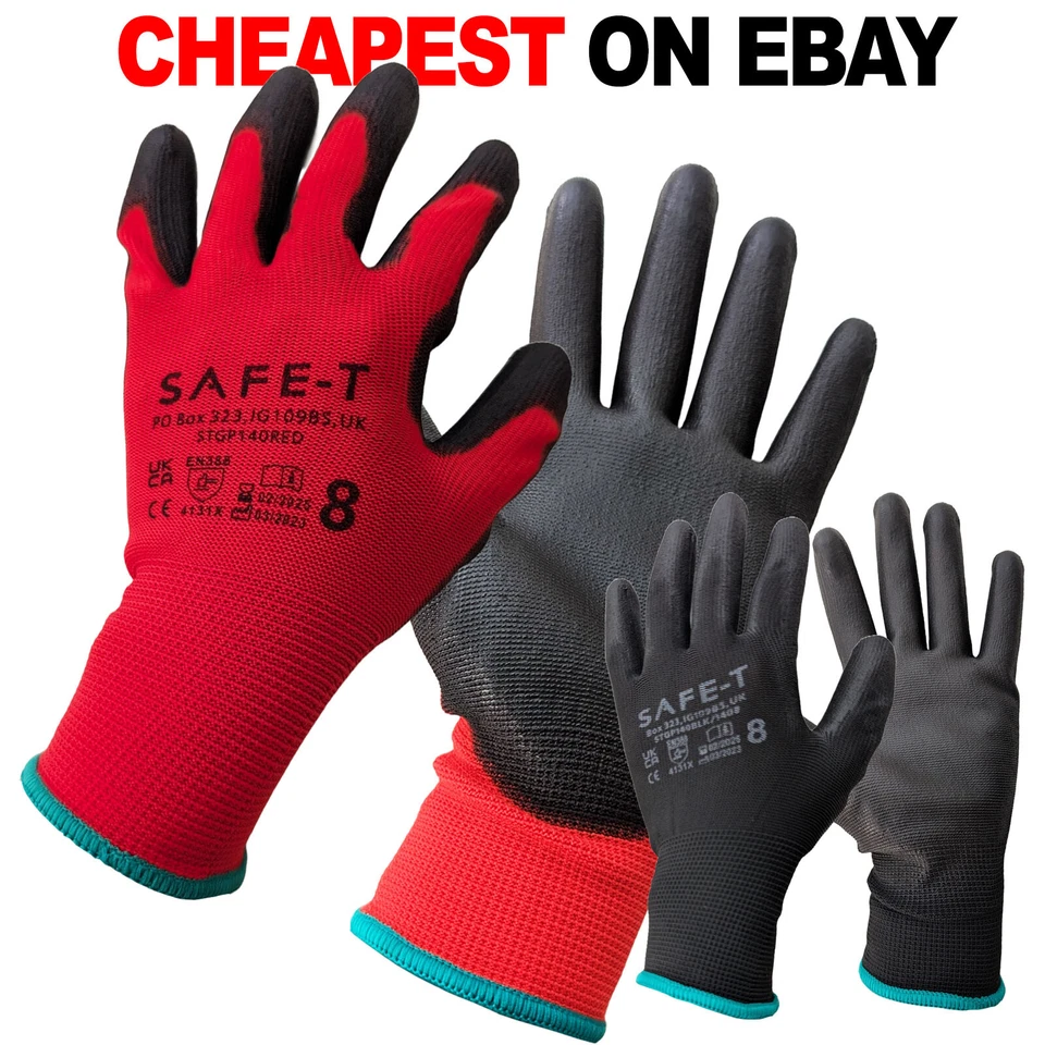 SAFE-T 24 PAIRS PU COATED WORK GLOVES MENS BUILDERS CONSTRUCTION GARDENING SAFETY GRIP