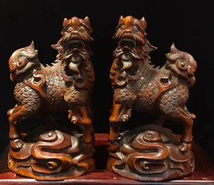 GY072 - 10 x 5.8 CM Stunning Boxwood Carving: Foo Dog Kylin Lion Pair - Picture 1 of 4