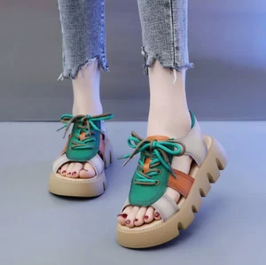 Womens 2025 Fashion Color Stitching Lace Up Slingback Sandal Gladiator Shoes - Picture 1 of 6