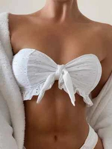 WHITE EYELET S M L BADEANZUG BIKINI BANDEAU GEFÜTTERT BADEANZUG OBERTEIL NEU - Bild 1 von 2