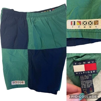 Vtg 90’s Tommy Hilfiger Green Blue COLORBLOCK Swim Trunks LOGO Surf Board Shorts - Image 1 of 4
