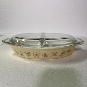 Pyrex Dandelion Duet Divided Covered Oval Casserole Dish 1.5 Quart MCM Vintage - Picture 1 of 12