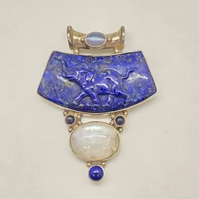 Colgante elefante grande Sajen de plata esterlina lapislázuli piedra lunar perla iolita Foto 1 de 4