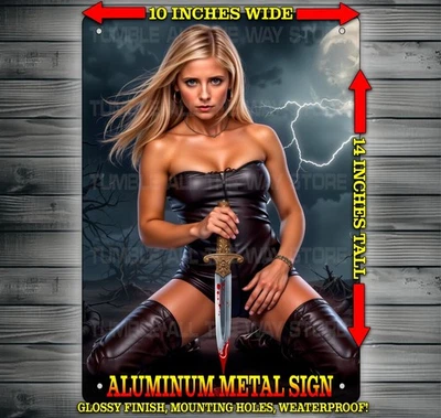 Buffy the Vampire Slayer with Bloody Knife Metal Sign Wall Art 10" x 14"