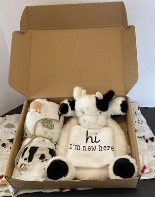 Newborn Cow Gift Box, Unisex Farm Baby Shower Present, Lovey, Bodysuit & Blanket - Image 1 of 4