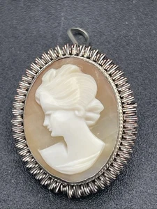 Vintage 835 Silver Shell Cameo Brooch Pendant Germany Mid Century Hand Carved - Picture 1 of 10