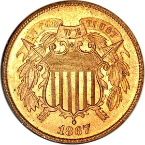 1867 2C Shield Two Cent Piece NGC MS66RB OFH - Picture 1 of 4