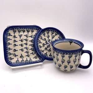 Boleslawiec Hand Painted Polish Pottery Tea Cup w/ Tray Breakfast Set Grapes D14 - Picture 1 of 6