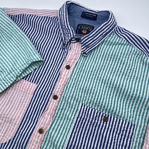 Chaps Ralph Lauren Seersucker Shirt Men Large Multicolor Color Block Button Down - Picture 1 of 10