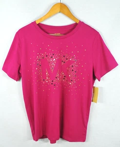 Michael Kors Women's Blouse M Pink Sparkle Logo Short Sleeve Top Shirt NWT - Picture 1 of 11