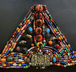Antique Tribal Beadwork Belt • Asia, Maghreb, India • Silver Kali Plaque • 41cm - Picture 1 of 8