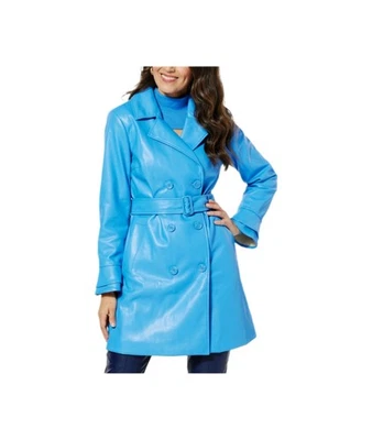 Abrigo Colleen Lopez Azul Aciano Imitación Cuero Volantes Puños Bolsillos Talla L NUEVO Foto 1 de 4