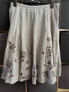 White Stuff Size 12 Stripe Cotton Skirt Worn Brown Floral Embroidery - Picture 1 of 4