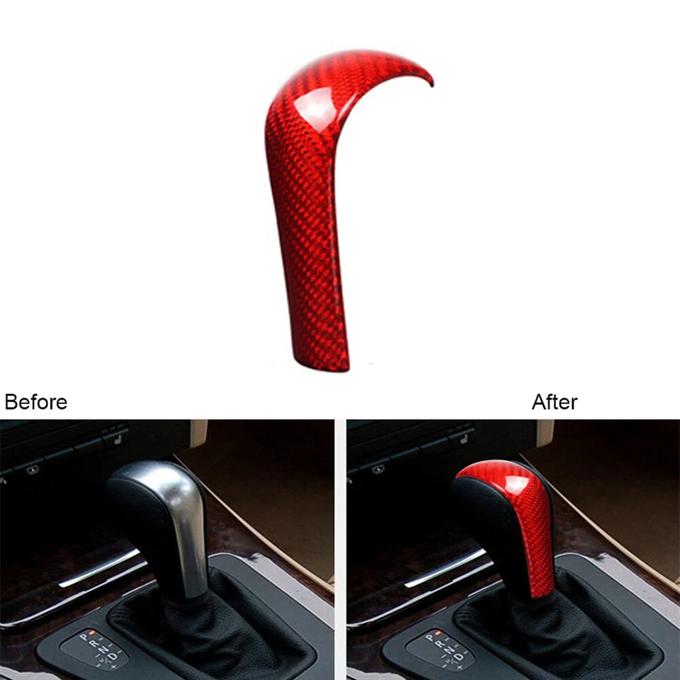 Cubierta de ajuste de cabeza de perilla de cambio de marchas de fibra de carbono roja para BMW E90 E91 E60 E61 E63 Foto 1 de 4