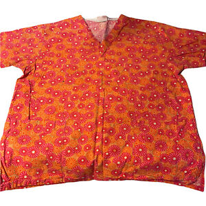 Peaches Scrub Top Womans Size M With Pockets Pink And Orange Daisy Flowers