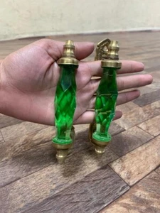 Glass Brass Door Handle Antique Style 5.5'' Crystal/Cut Green 2 Pc Collectible - Picture 1 of 10