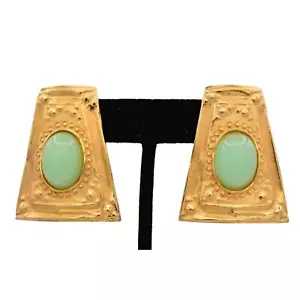 Givenchy Green Cabochon Earrings Brushed Gold Chunky Signed Vintage 1980s BinQ - Picture 1 of 12