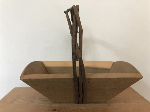 Vintage Handmade Carved Woven Branch Handle Wooden Handheld Farmhouse Basket Cover