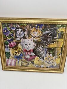 Completed Framed Jigsaw Puzzle Bath Time Kittens Wall Hanging Art Jenny Newland