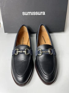 SUMISSURA Women Size 39 Unique Black Leather Blue Suede Slip On Horse Bit Loafer - Picture 1 of 14